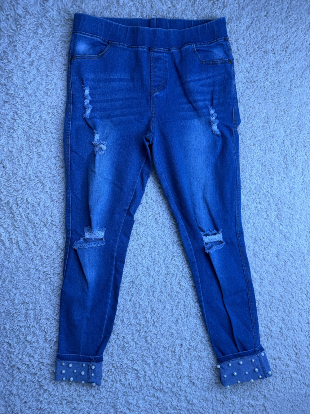 Women's Dark Blue Distressed Skinny Jeans with Pearl Cuff